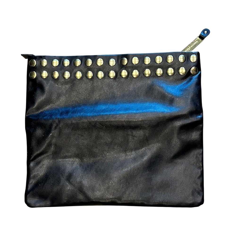Steve Madden Black Faux Leather Studded Foldover Clutch Bag 13x7.5 Gold Hardware - Picture 6 of 9